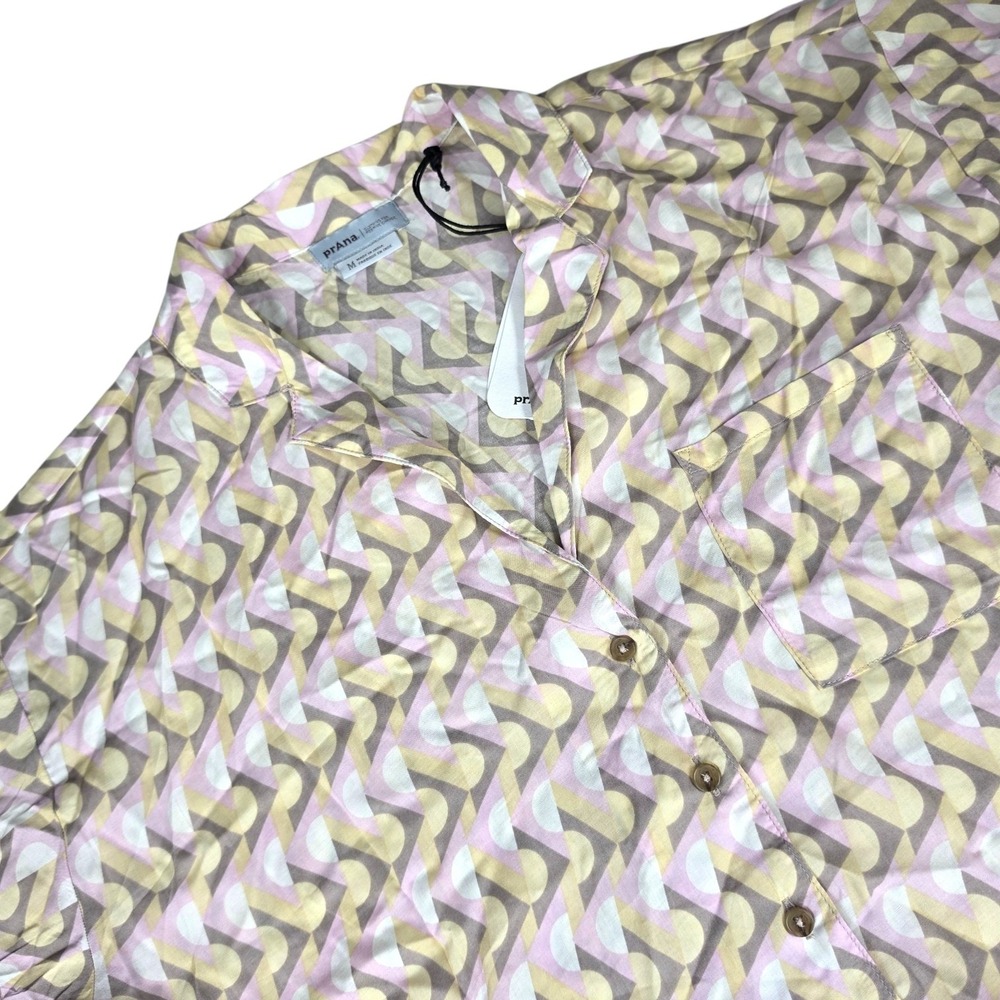 Prana Iguala Button Up Top Womens Medium Pink Yellow Cropped Boxy Geometric Camp